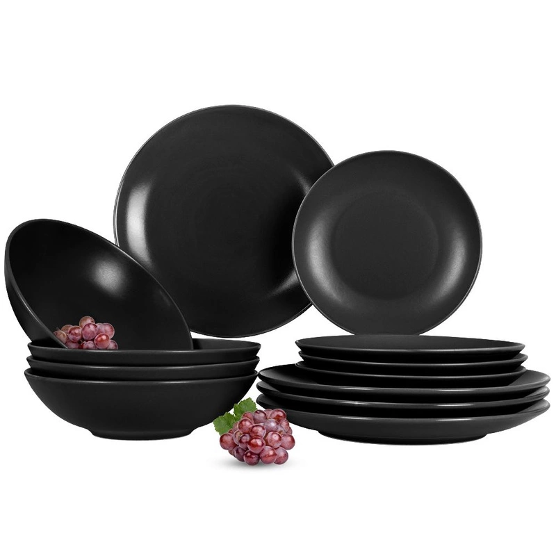 Tafelservice Geschirrset Teller-Set für 4 Personen Flachteller Tiefteller Dessertteller schwarz ALFA 12-teilig