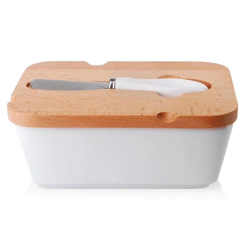 ORION Butter Dish, butter container with bambus lid and knife, white, 16x11.5x6 cm